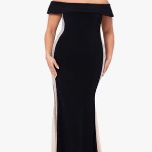 Xscape Black Nude Silver Caviar Bead Detail Off the Shoulder Gown